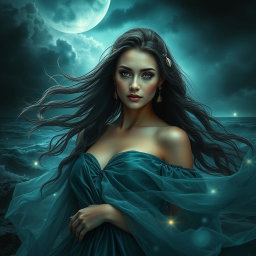 A beautiful woman inspired by the themes of Shakespeare's 'The Tempest', surrounded by a mysterious and enchanting dark atmosphere