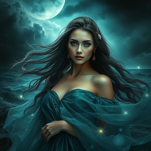 A beautiful woman inspired by the themes of Shakespeare's 'The Tempest', surrounded by a mysterious and enchanting dark atmosphere