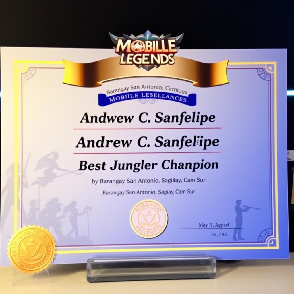 A beautifully designed certificate of achievement featuring the name 'Andrew C Sanfelipe' prominently displayed