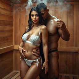 A captivating full-length intimate couple photoshoot featuring a stunning 22-year-old Arab woman in a transparent wet white bikini, elegantly showcasing her beautiful figure