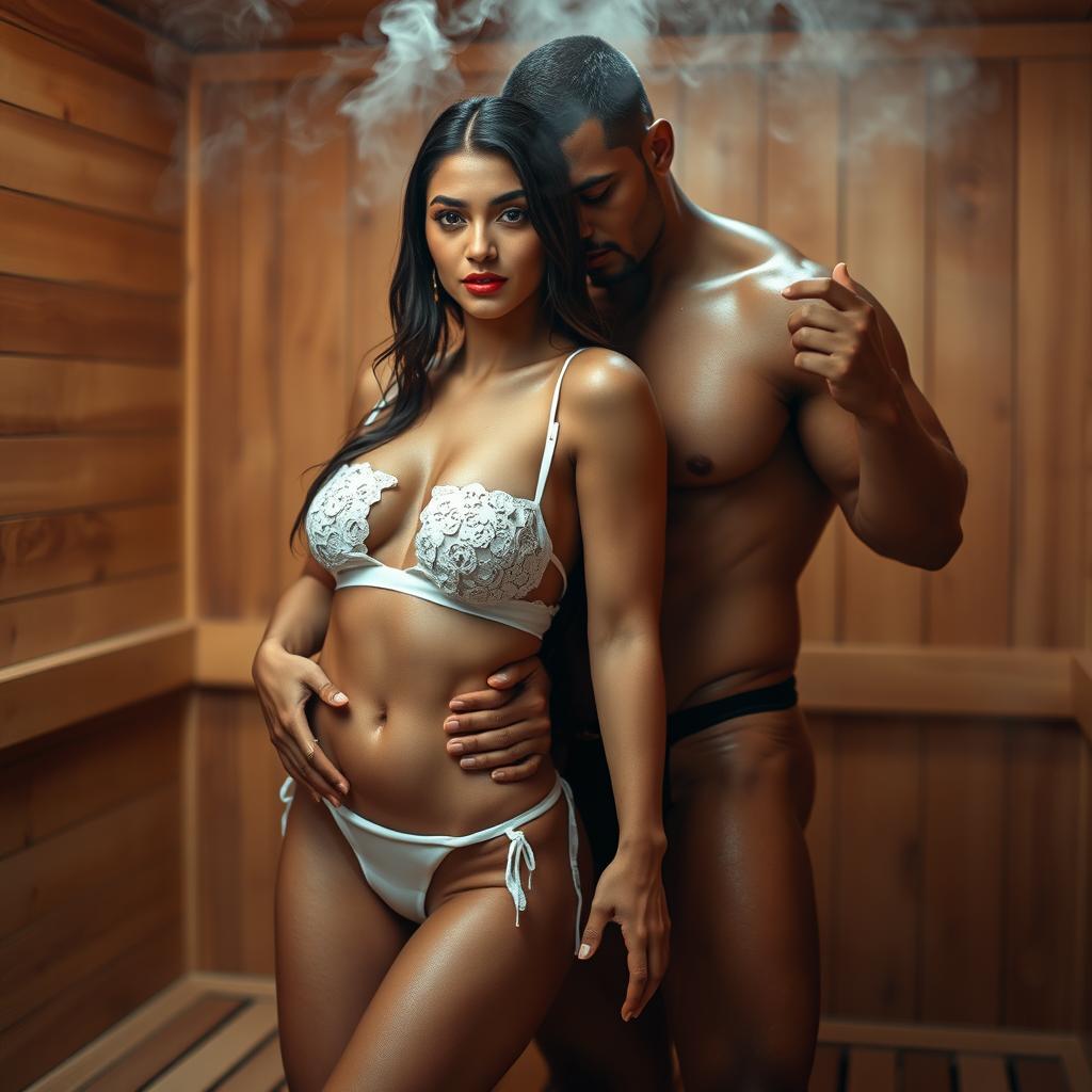 A captivating full-length intimate couple photoshoot featuring a stunning 22-year-old Arab woman in a transparent wet white bikini, elegantly showcasing her beautiful figure