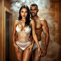 A captivating full-length intimate couple photoshoot featuring a stunning 22-year-old Arab woman in a transparent wet white bikini, elegantly showcasing her beautiful figure