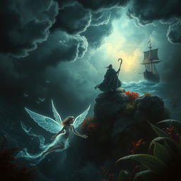 A dark and enchanting scene inspired by Shakespeare's 'The Tempest', depicting a mystical island environment with swirling storm clouds above, vibrant yet shadowy foliage around, and ethereal light filtering through