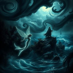 A dark and enchanting scene inspired by Shakespeare's 'The Tempest', depicting a mystical island environment with swirling storm clouds above, vibrant yet shadowy foliage around, and ethereal light filtering through