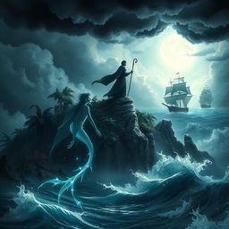 A dark and enchanting scene inspired by Shakespeare's 'The Tempest', depicting a mystical island environment with swirling storm clouds above, vibrant yet shadowy foliage around, and ethereal light filtering through