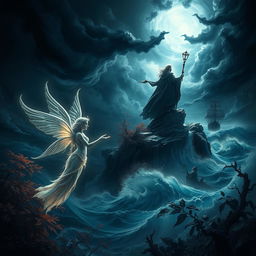 A dark and enchanting scene inspired by Shakespeare's 'The Tempest', depicting a mystical island environment with swirling storm clouds above, vibrant yet shadowy foliage around, and ethereal light filtering through