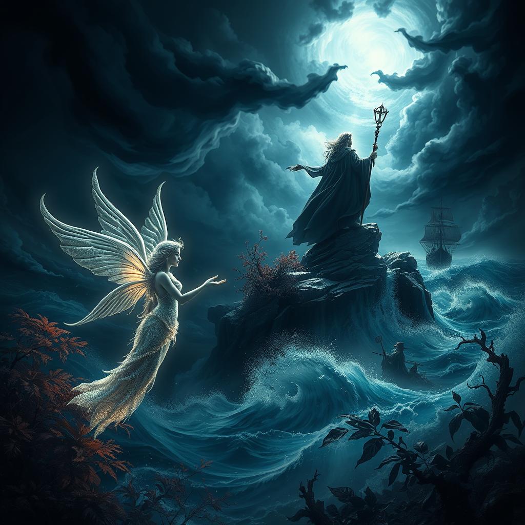 A dark and enchanting scene inspired by Shakespeare's 'The Tempest', depicting a mystical island environment with swirling storm clouds above, vibrant yet shadowy foliage around, and ethereal light filtering through