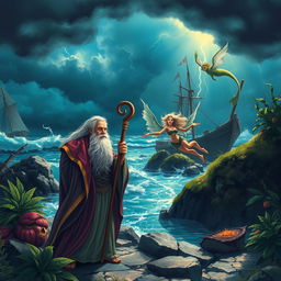 A vivid scene inspired by The Tempest by William Shakespeare, featuring an enchanting island setting with a stormy sky casting dramatic shadows