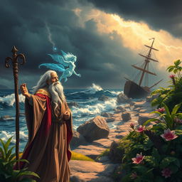 A vivid scene inspired by The Tempest by William Shakespeare, featuring an enchanting island setting with a stormy sky casting dramatic shadows