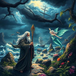 A vivid scene inspired by The Tempest by William Shakespeare, featuring an enchanting island setting with a stormy sky casting dramatic shadows