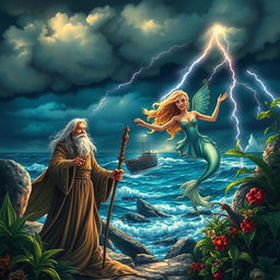 A vivid scene inspired by The Tempest by William Shakespeare, featuring an enchanting island setting with a stormy sky casting dramatic shadows