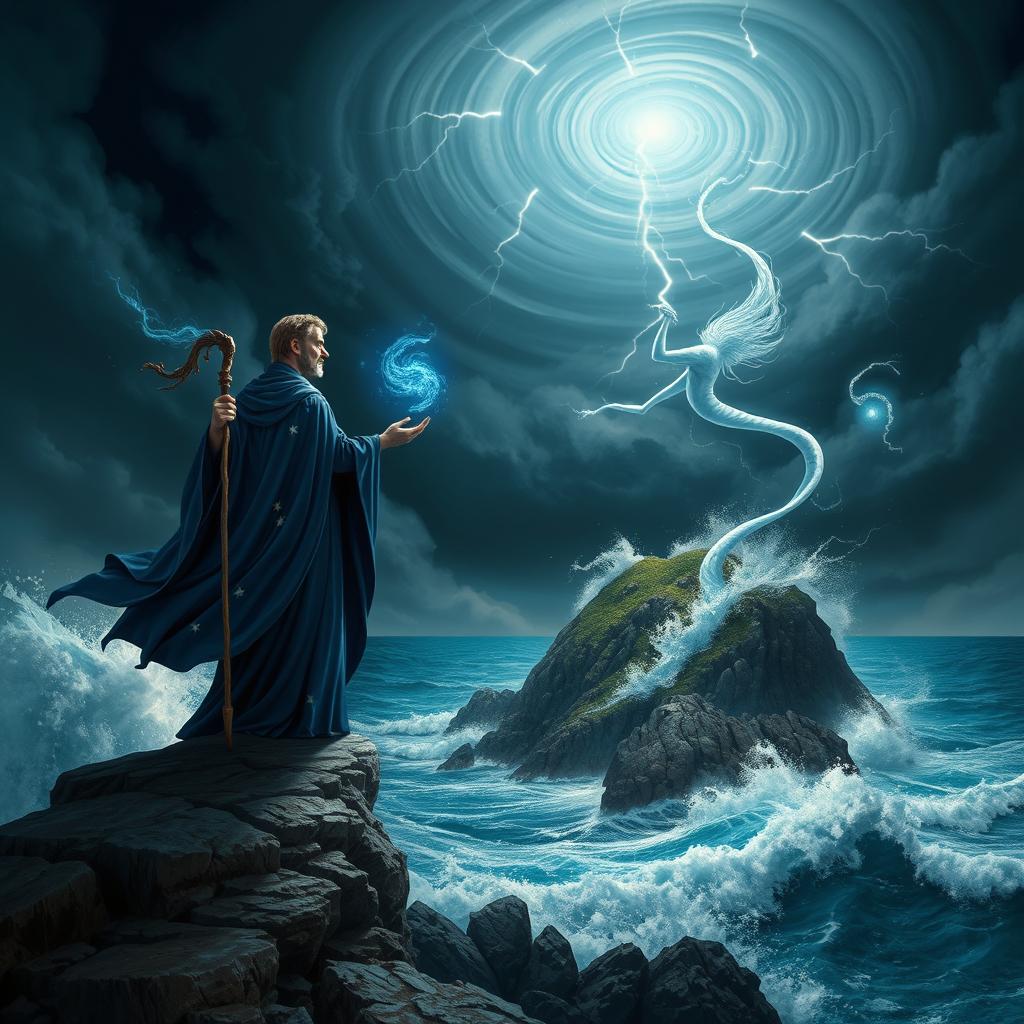 A captivating scene inspired by The Tempest by William Shakespeare, illustrating a mystical island amid a dramatic tempest
