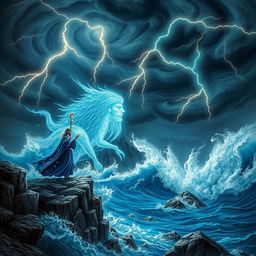 A captivating scene inspired by The Tempest by William Shakespeare, illustrating a mystical island amid a dramatic tempest