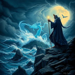 A captivating scene inspired by The Tempest by William Shakespeare, illustrating a mystical island amid a dramatic tempest