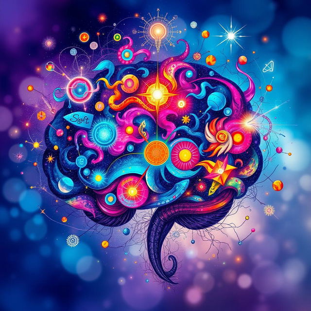 An abstract representation of the human mind, filled with vibrant colors and intricate patterns, showcasing the complexity and depth of thought