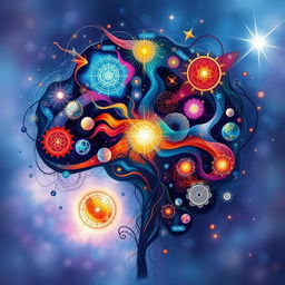 An abstract representation of the human mind, filled with vibrant colors and intricate patterns, showcasing the complexity and depth of thought
