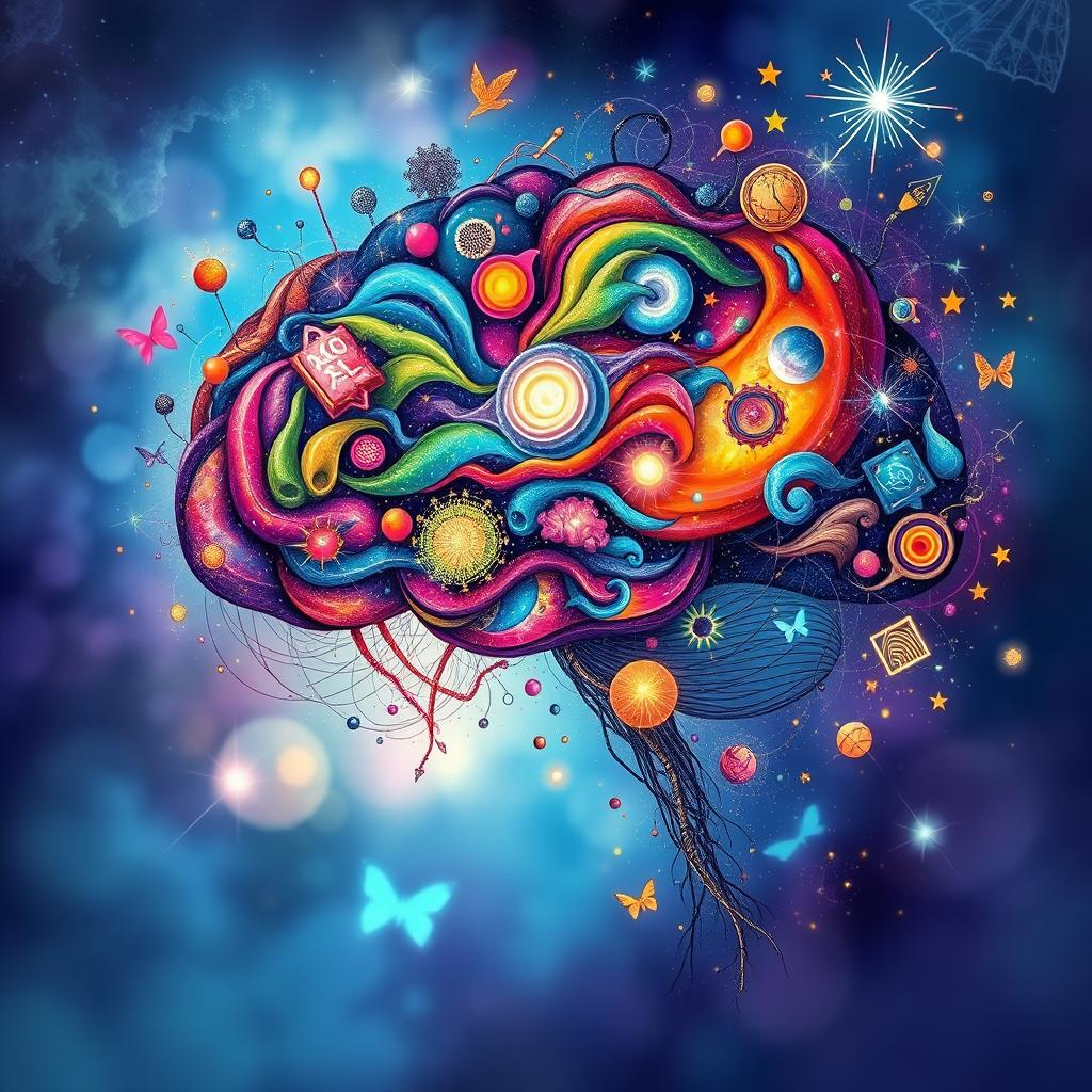 An abstract representation of the human mind, filled with vibrant colors and intricate patterns, showcasing the complexity and depth of thought
