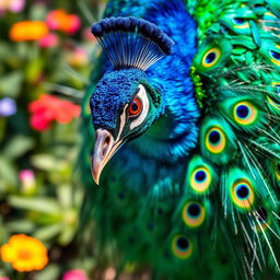 A stunning close-up of a peacock displaying its vibrant and colorful feathers