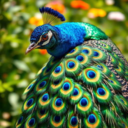 A stunning close-up of a peacock displaying its vibrant and colorful feathers