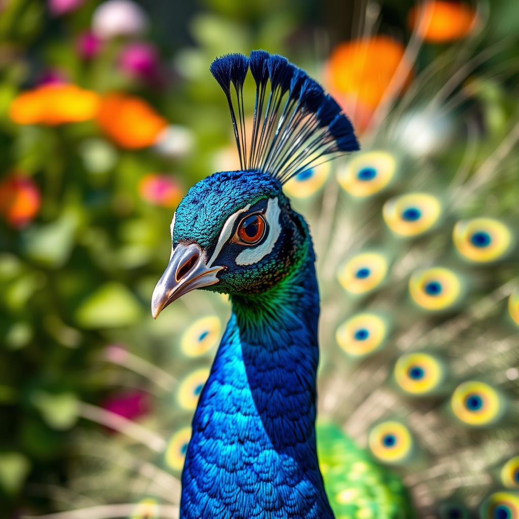 A stunning close-up of a peacock displaying its vibrant and colorful feathers