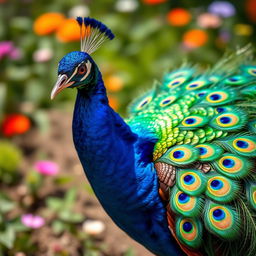 A stunning close-up of a peacock displaying its vibrant and colorful feathers