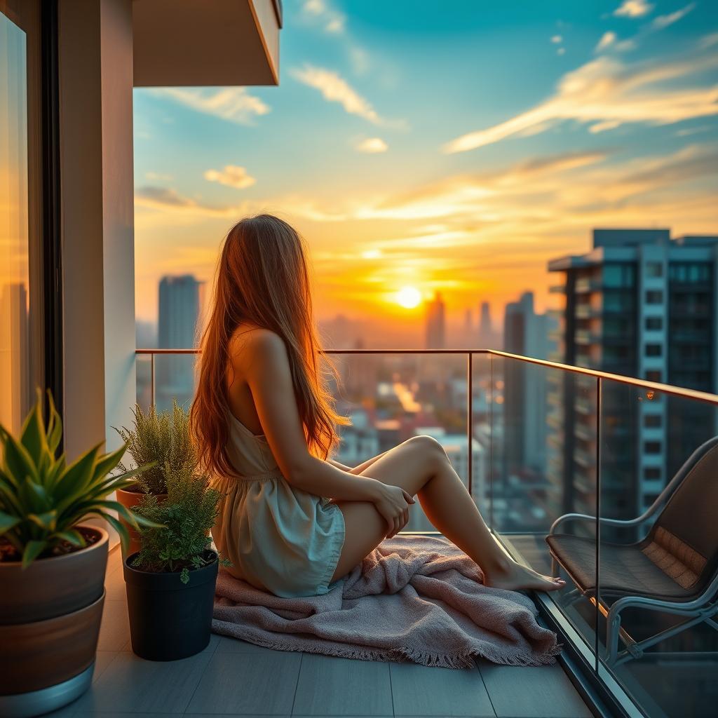 A serene and tranquil scene featuring a beautiful young woman sitting peacefully on a balcony of a stylish condo