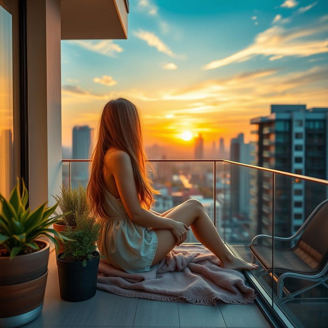 A serene and tranquil scene featuring a beautiful young woman sitting peacefully on a balcony of a stylish condo
