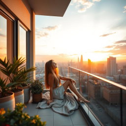 A serene and tranquil scene featuring a beautiful young woman sitting peacefully on a balcony of a stylish condo