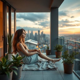 A serene and tranquil scene featuring a beautiful young woman sitting peacefully on a balcony of a stylish condo