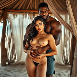 A mesmerizing full-length intimate couple photoshoot featuring a gorgeous 22-year-old Arab woman, posed confidently in the nude