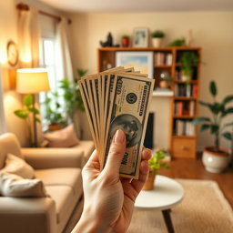A hand holding a vertical stack of cash, set against the background of an inviting home interior