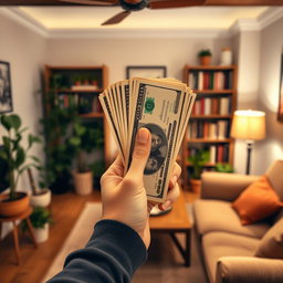 A hand holding a vertical stack of cash, set against the background of an inviting home interior