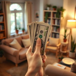 A hand holding a vertical stack of cash, set against the background of an inviting home interior