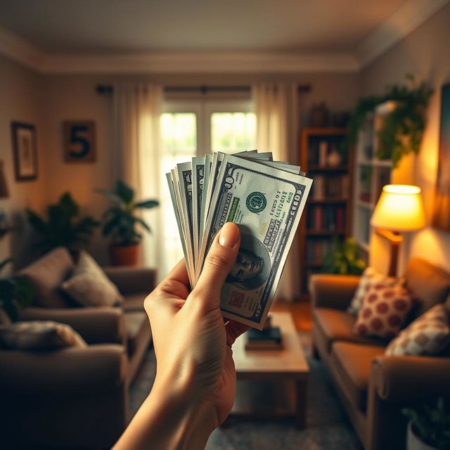 A hand holding a vertical stack of cash, set against the background of an inviting home interior