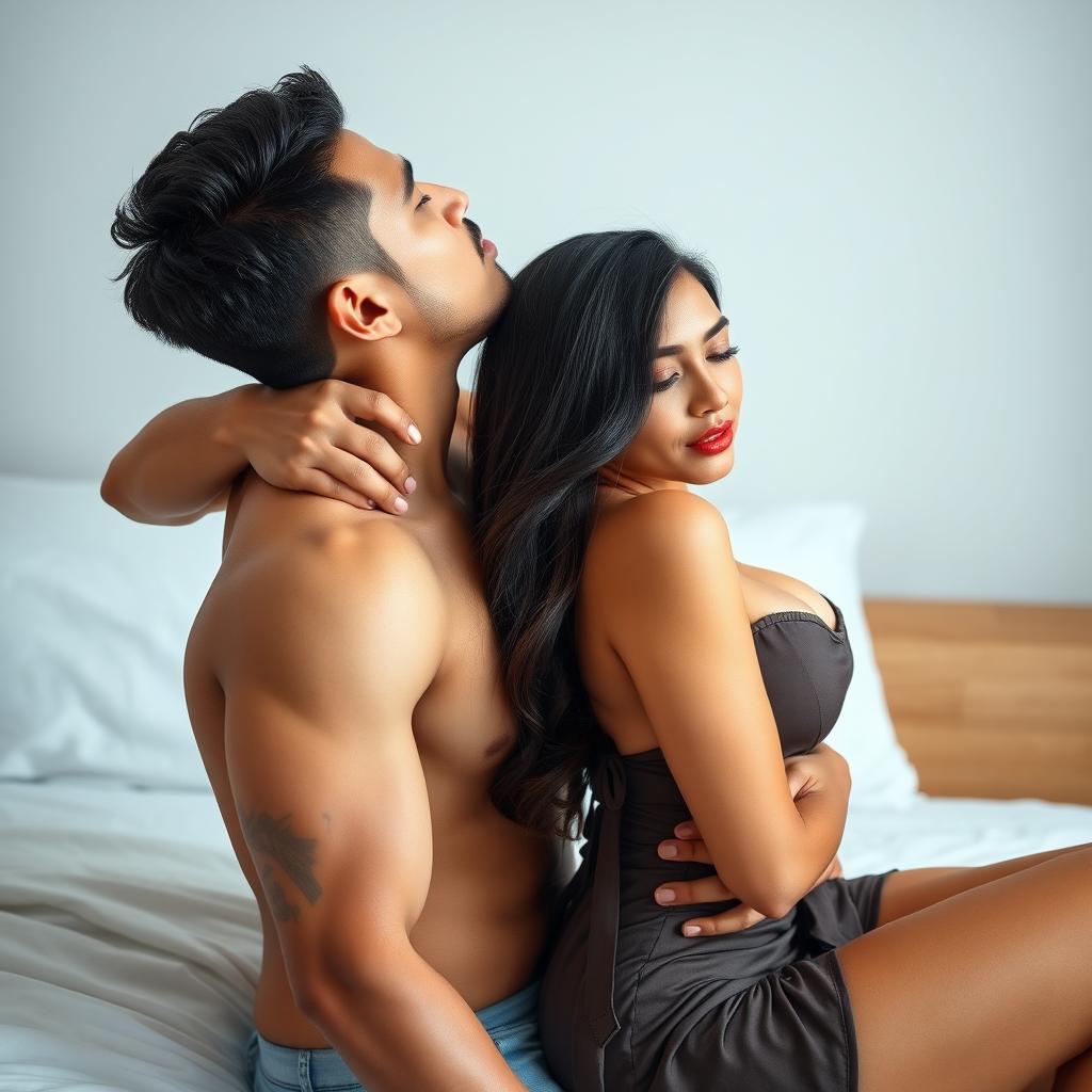 A 39-year-old Indonesian man with an athletic body and handsome appearance, tenderly hugging a beautiful 28-year-old woman from behind while kissing her cheek