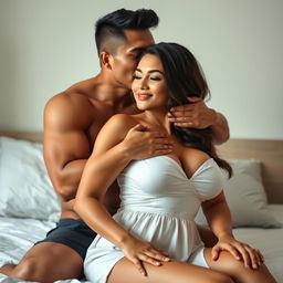 A 39-year-old Indonesian man with an athletic body and handsome appearance, tenderly hugging a beautiful 28-year-old woman from behind while kissing her cheek