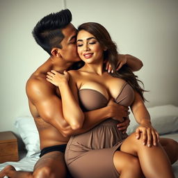 A 39-year-old Indonesian man with an athletic body and handsome appearance, tenderly hugging a beautiful 28-year-old woman from behind while kissing her cheek