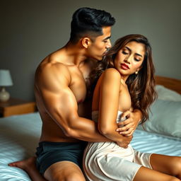 A 39-year-old Indonesian man with an athletic body and handsome appearance, tenderly hugging a beautiful 28-year-old woman from behind while kissing her cheek