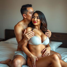 A 49-year-old Indonesian man with pure white skin, affectionately hugging a beautiful 28-year-old woman from behind while kissing her cheek