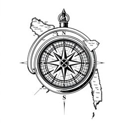 A detailed black and white illustration of a compass navigating over a map of Bangladesh