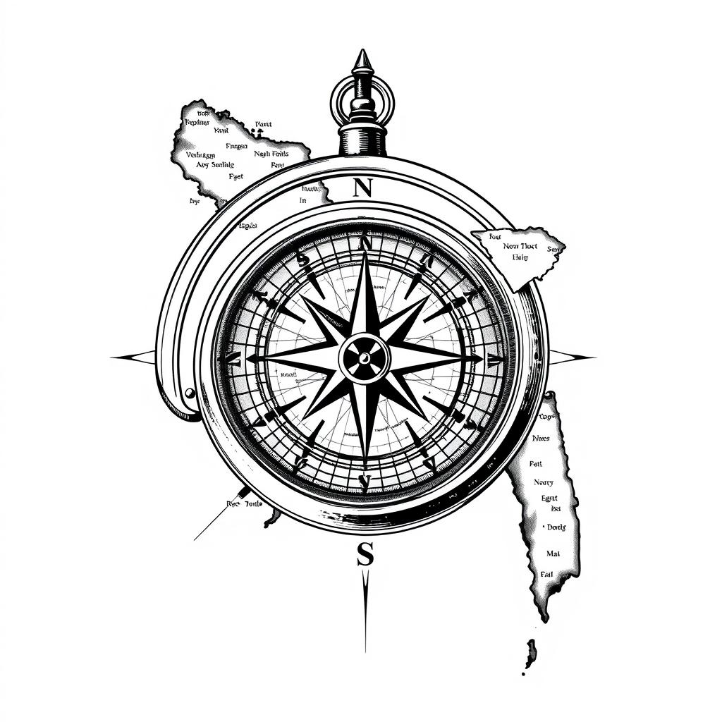 A detailed black and white illustration of a compass navigating over a map of Bangladesh