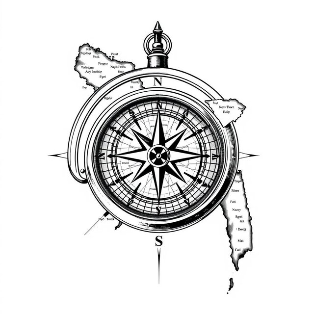 A detailed black and white illustration of a compass navigating over a map of Bangladesh