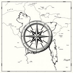 A detailed black and white illustration of a compass navigating over a map of Bangladesh