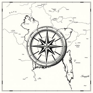 Vintage Black and White Compass Map of Bangladesh | Idyllic