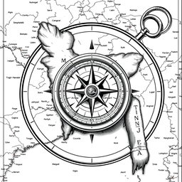 A detailed black and white illustration of a compass navigating over a map of Bangladesh