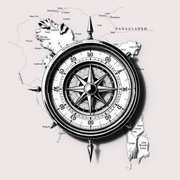 A detailed black and white illustration of a compass navigating over a map of Bangladesh