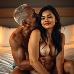 A 49-year-old Indonesian man with pure white skin, affectionately hugging a beautiful 28-year-old woman from behind while kissing her cheek