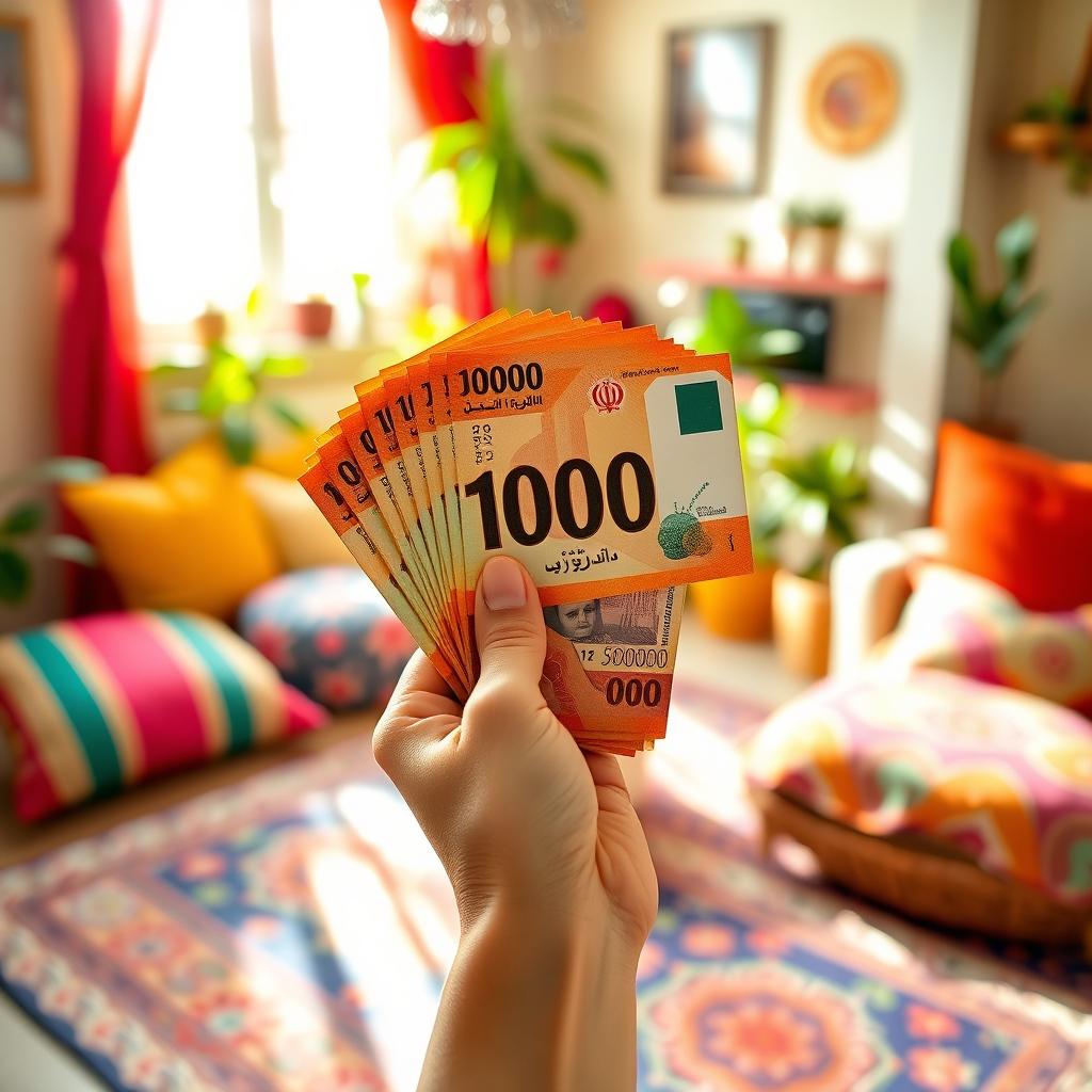 A hand holding a bundle of 100,000 Iranian tomans vertically, with a cheerful expression
