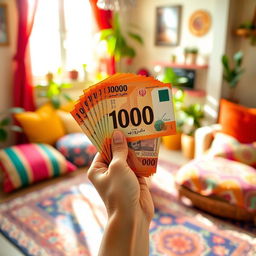 A hand holding a bundle of 100,000 Iranian tomans vertically, with a cheerful expression