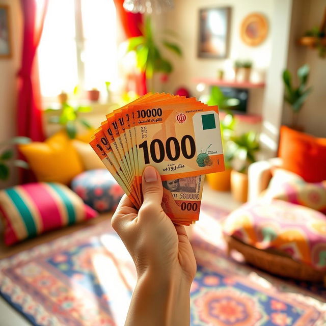 A hand holding a bundle of 100,000 Iranian tomans vertically, with a cheerful expression